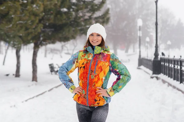 Young Athletic Girl Poses Frosty Snowy Day Fitness Running — Stock Photo, Image