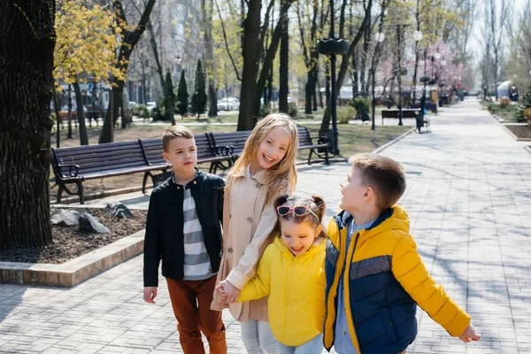 Group Children Play Together Walk Park Holding Hands Friends Children — Stock Photo, Image