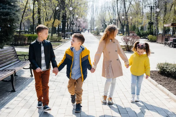 Group Children Play Together Walk Park Holding Hands Friends Children — Stock Photo, Image