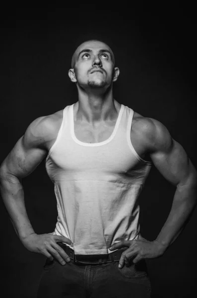 Deportivo Posando Estudio Fondo Deportes Belleza Fotografía Blanco Negro — Foto de Stock