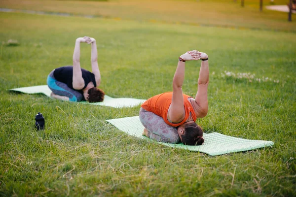 Las Chicas Jóvenes Hacen Yoga Aire Libre Parque Durante Atardecer — Foto de Stock