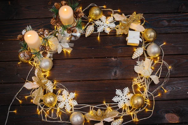 Brown Christmas Background Decorated Festive Christmas Decor Accessories Garland Festive — Stock Photo, Image