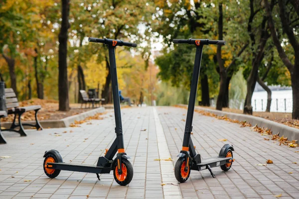 日没時に公園内の2人の現代的な電気スクーター 環境車両 環境への配慮 — ストック写真