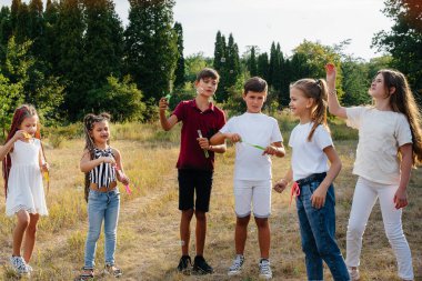 Parkta oynayan ve sabun köpüklerini şişiren bir grup neşeli çocuk. Çocuk kampında oyunlar