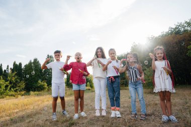Parkta oynayan ve sabun köpüklerini şişiren bir grup neşeli çocuk. Çocuk kampında oyunlar