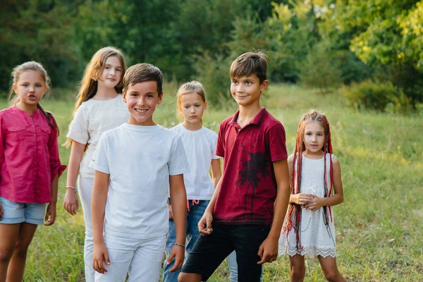 Groupe Enfants Heureux Courent Jouent Dans Parc Pendant Coucher Soleil — Photo