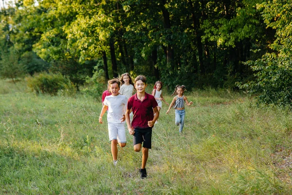Μια Ομάδα Χαρούμενων Παιδιών Τρέχουν Και Παίζουν Στο Πάρκο Κατά — Φωτογραφία Αρχείου
