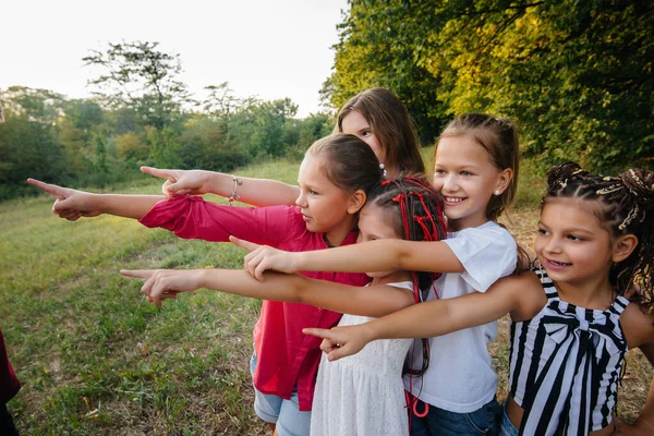 Groupe Jolies Filles Sourient Jouent Dans Parc Pendant Coucher Soleil — Photo