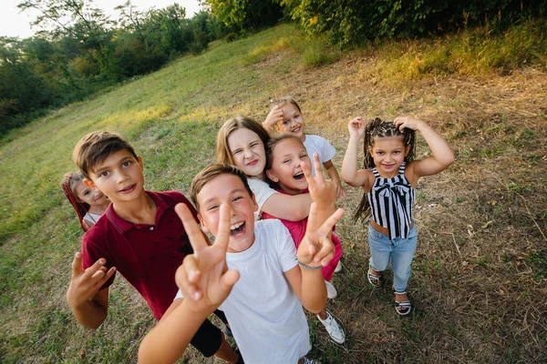 Велика Група Веселих Дітей Сидить Траві Парку Посміхається Ігри Дитячому — стокове фото