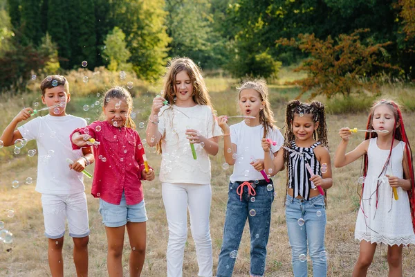 Велика Група Веселих Дітей Грають Парку Надувають Мильні Бульбашки Ігри — стокове фото