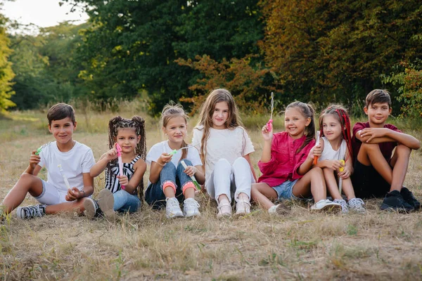 Velká Skupina Veselých Dětí Sedí Parku Trávě Usmívá Hry Dětském — Stock fotografie