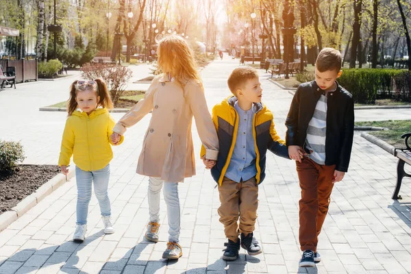 Group Children Play Together Walk Park Holding Hands Friends Children — Stock Photo, Image