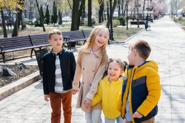 Group Children Play Together Walk Park Holding Hands Friends Children — Stock Photo, Image