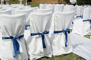 Şenlikli bir ziyafet için güzel dekore edilmiş ve düzenlenmiş sandalyeler. Dekor, düğün.