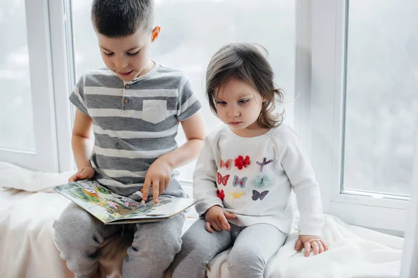 Hermano Hermana Están Sentados Alféizar Ventana Leyendo Libro Felicidad Familia — Foto de Stock