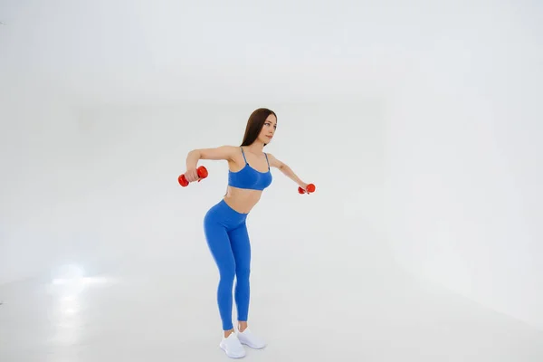 Sexy Young Girl Performs Sports Exercises White Background Fitness Healthy — Stock Photo, Image