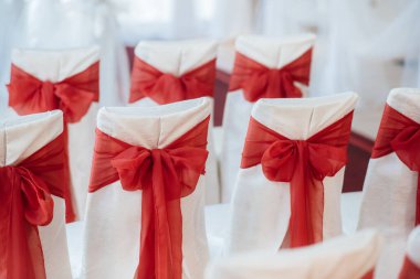 Şenlikli bir ziyafet için güzel dekore edilmiş ve düzenlenmiş sandalyeler. Dekor, düğün.