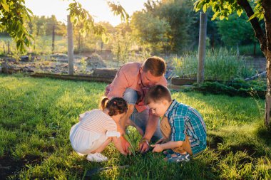 Küçük erkek ve kız kardeşler gün batımında babalarıyla güzel bir bahar bahçesinde fidanlar dikiyorlar. Yeni bir hayat. Çevreyi koru. Çevredeki dünyaya ve doğaya karşı dikkatli olun.