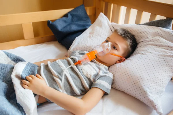 Young Boy Given Inhalation Lung Disease Medicine Care — Stock Photo, Image