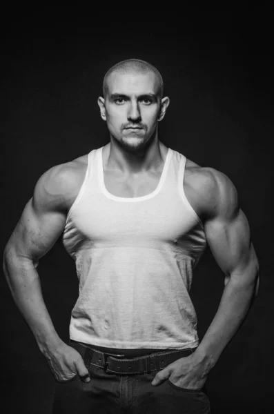 Sporty Guy Posing Studio Background Sports Beauty Black White Photography — Stock Photo, Image