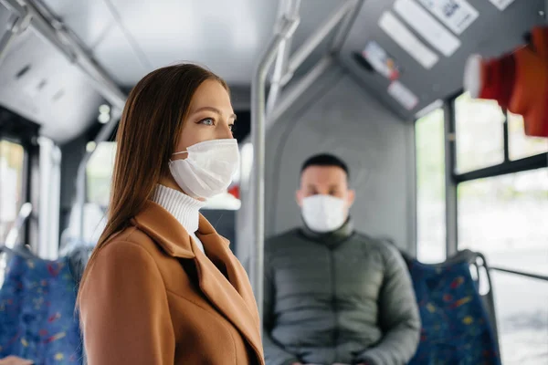 Passengers on public transport during the coronavirus pandemic keep their distance from each other. Protection and prevention covid 19