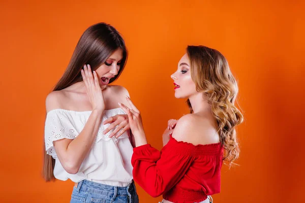 Dos Chicas Jóvenes Hermosas Muestra Emociones Sonrisas Estudio Sobre Fondo — Foto de Stock