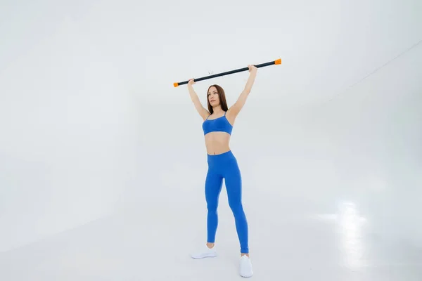 Sexy Young Girl Performs Sports Exercises White Background Fitness Healthy — Stock Photo, Image