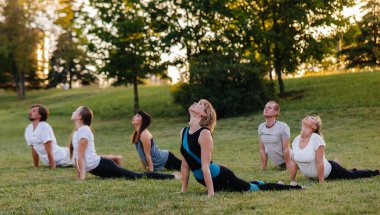 Bir grup insan gün batımında parkta yoga yapıyor. Sağlıklı yaşam tarzı, meditasyon ve sağlık