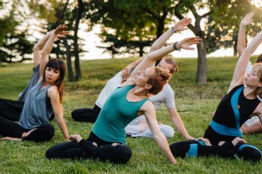 Bir grup insan gün batımında parkta yoga yapıyor. Sağlıklı yaşam tarzı, meditasyon ve sağlık