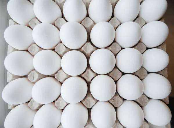 Поднос Белыми Свежими Яйцами Крупным Планом Картонной Форме Сельское Хозяйство — стоковое фото
