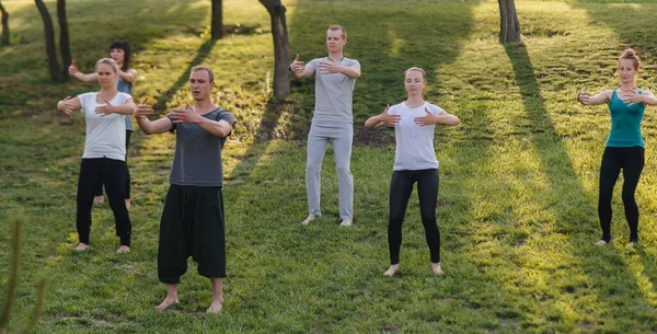 Eine Gruppe Von Leuten Macht Yoga Park Bei Sonnenuntergang Gesunder — Stockfoto