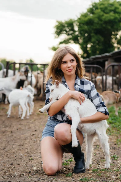 Молодая Красивая Девушка Позирует Ранчо Козами Другими Животными Сельское Хозяйство — стоковое фото