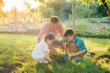 Küçük erkek ve kız kardeşler gün batımında babalarıyla güzel bir bahar bahçesinde fidanlar dikiyorlar. Yeni bir hayat. Çevreyi koru. Çevredeki dünyaya ve doğaya karşı dikkatli olun.