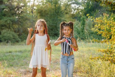 At kuyruklu iki tatlı kız parkta sabun köpükleri şişiriyor.