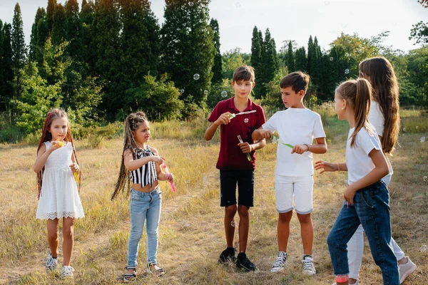 Velká Skupina Veselých Dětí Hraje Parku Nafukuje Mýdlové Bubliny Hry — Stock fotografie