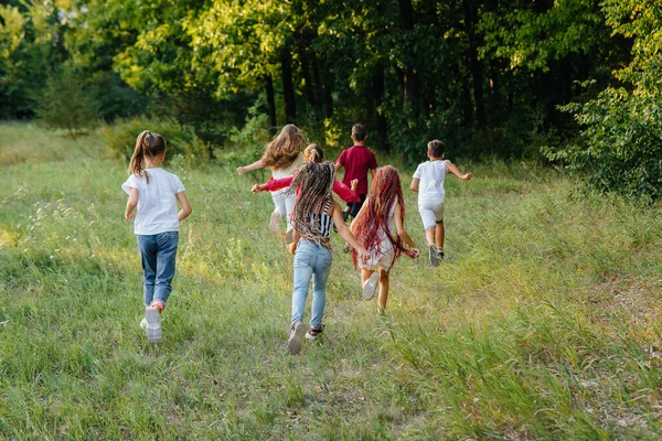 幸せな子供たちのグループが走り 日没の間に公園で遊びます 夏の子供キャンプ — ストック写真
