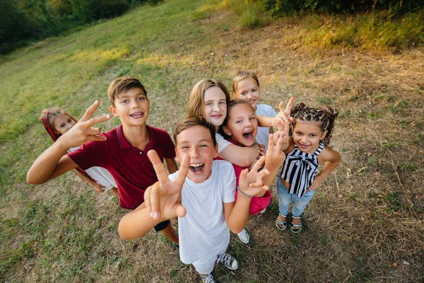 Велика Група Веселих Дітей Сидить Траві Парку Посміхається Ігри Дитячому — стокове фото