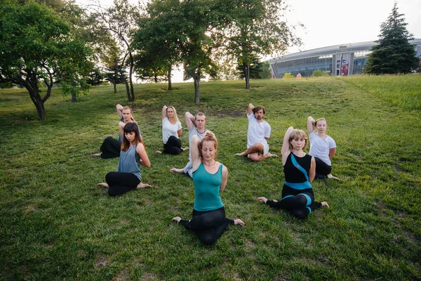 Grupo Personas Hace Yoga Parque Atardecer Vida Sana Meditación Bienestar — Foto de Stock