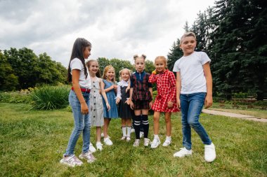 Bir grup çocuk yazın parkta koşuşturuyor, eğleniyor ve daha büyük bir takım olarak oynuyorlar. Mutlu çocukluk