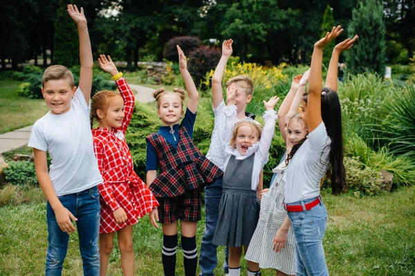 子供たちのグループは 公園で夏に大規模なチームとして楽しく遊んでいます 幸せな子供時代 — ストック写真