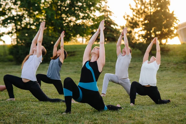 Grupo Personas Hace Yoga Parque Atardecer Vida Sana Meditación Bienestar — Foto de Stock