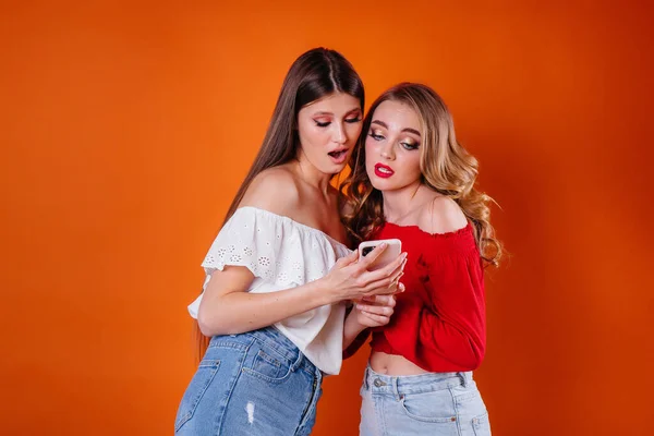 Deux Jeunes Belles Filles Prennent Selfie Regardent Téléphone Dans Studio — Photo