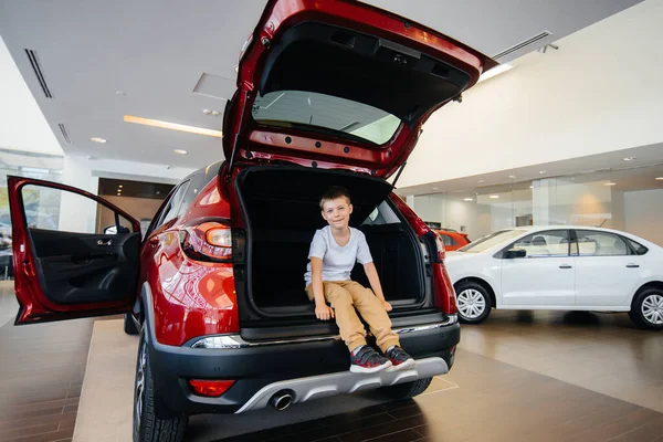 Onnellinen Poika Istuu Uuden Auton Takakontissa Autokaupassa Auton Ostaminen — kuvapankkivalokuva