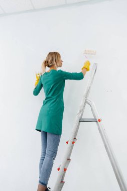 Merdivendeki genç bir kız beyaz bir duvarı silindirle boyuyor. İç kısmın tamiri.