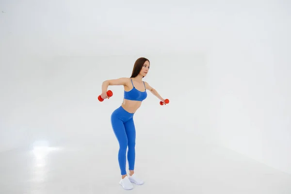 Sexy Young Girl Performs Sports Exercises White Background Fitness Healthy — Stock Photo, Image