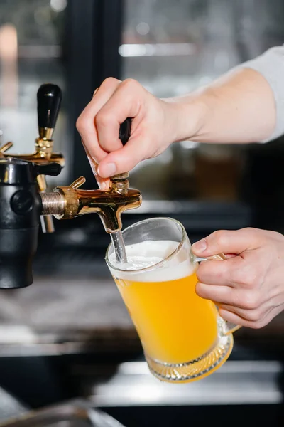 Close Bartender Filling Mug Light Beer Bar Counter Pub — Stock Photo, Image