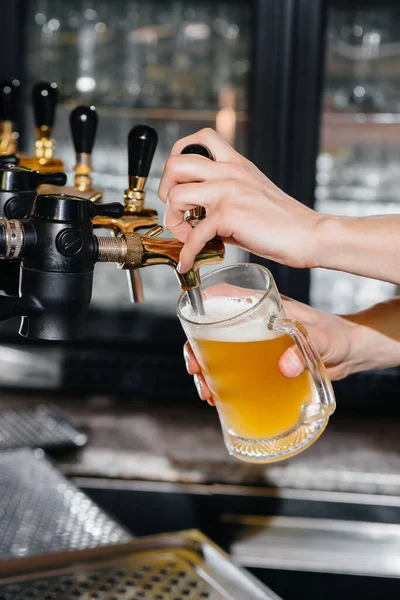 Close Bartender Filling Mug Light Beer Bar Counter Pub — Stock Photo, Image