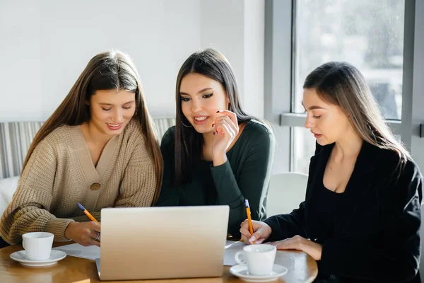 Bir Grup Genç Kız Ofiste Oturup Bilgisayar Başında Çalışıyor Letişim — Stok fotoğraf