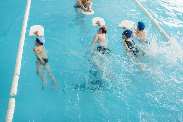 A group of boys and girls train and learn to swim in the pool with an instructor. Development of children\'s sports.