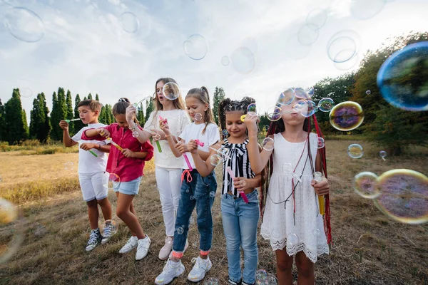 Велика Група Веселих Дітей Грають Парку Надувають Мильні Бульбашки Ігри — стокове фото